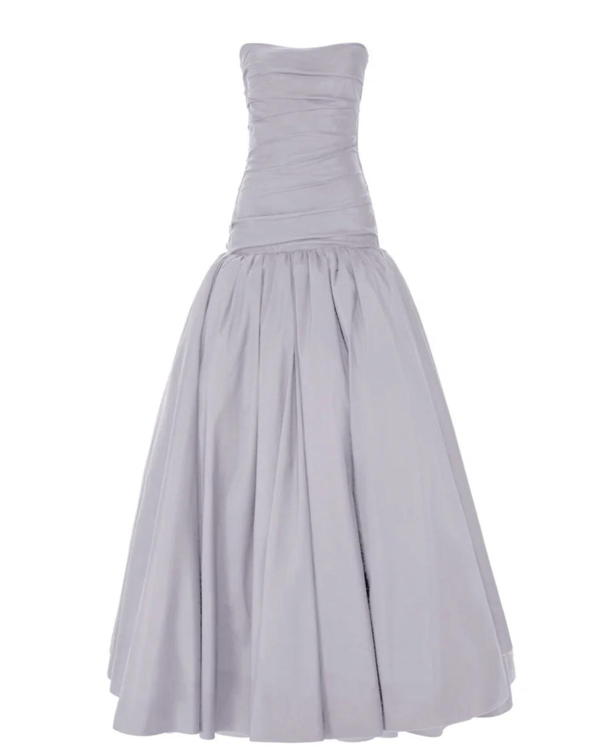 Strapless grey taffeta gown with a hand-draped bodice and a full, structured floor-length skirt.