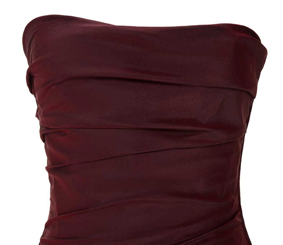 Burgundy strapless taffeta gown featuring a hand-draped bodice with a structured, sculpted fit for formal occasions.