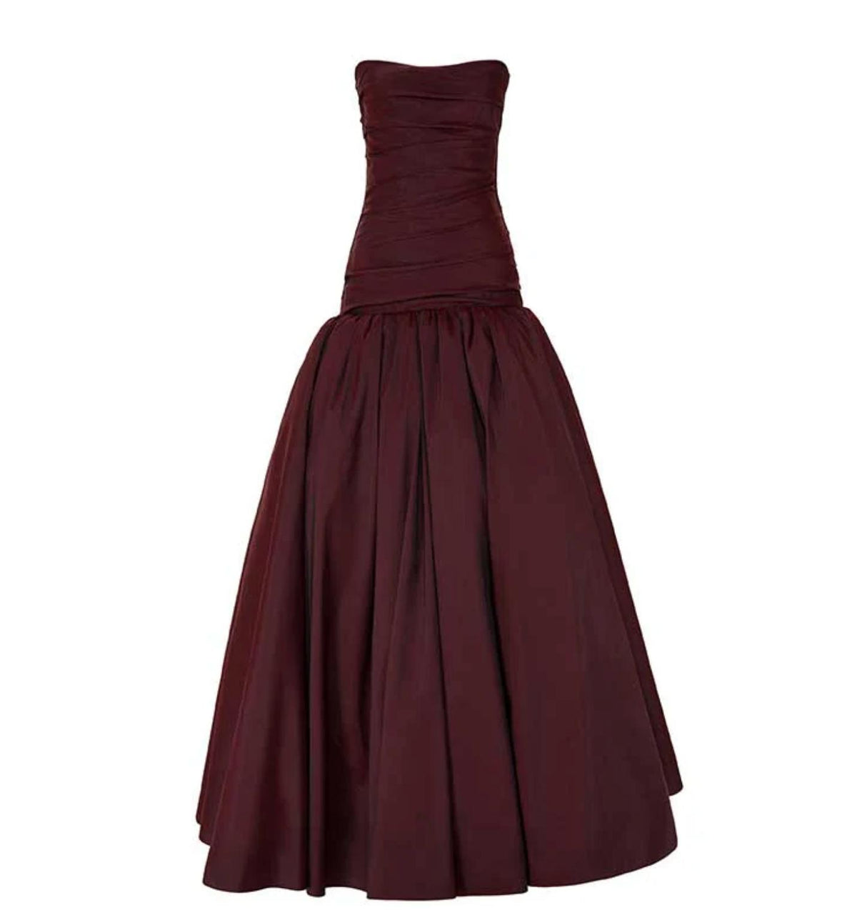 Burgundy strapless taffeta gown with a hand-draped bodice and a voluminous, structured floor-length skirt.