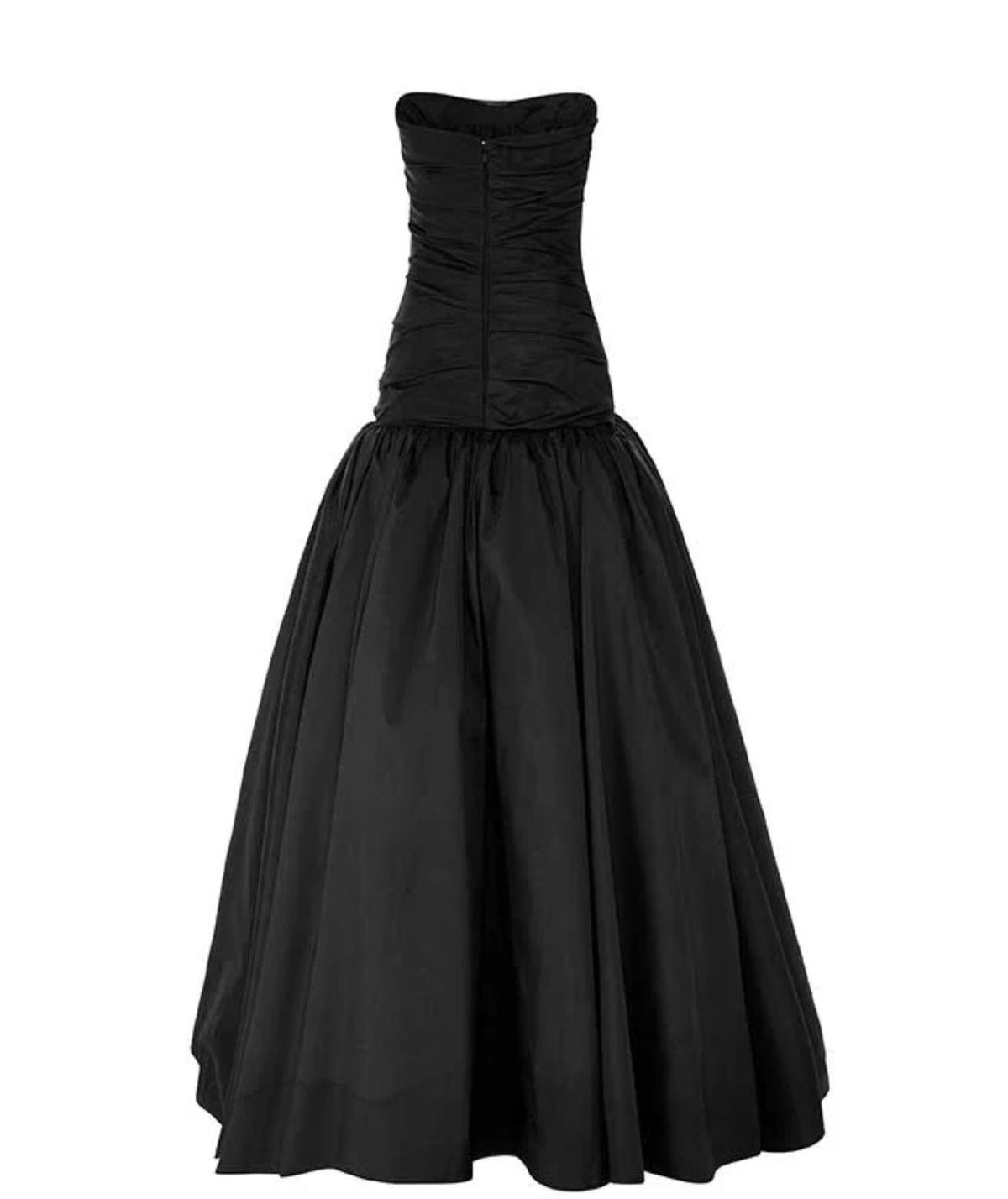 Black strapless taffeta gown featuring a hand-draped bodice, structured fit, and a voluminous floor-length skirt.