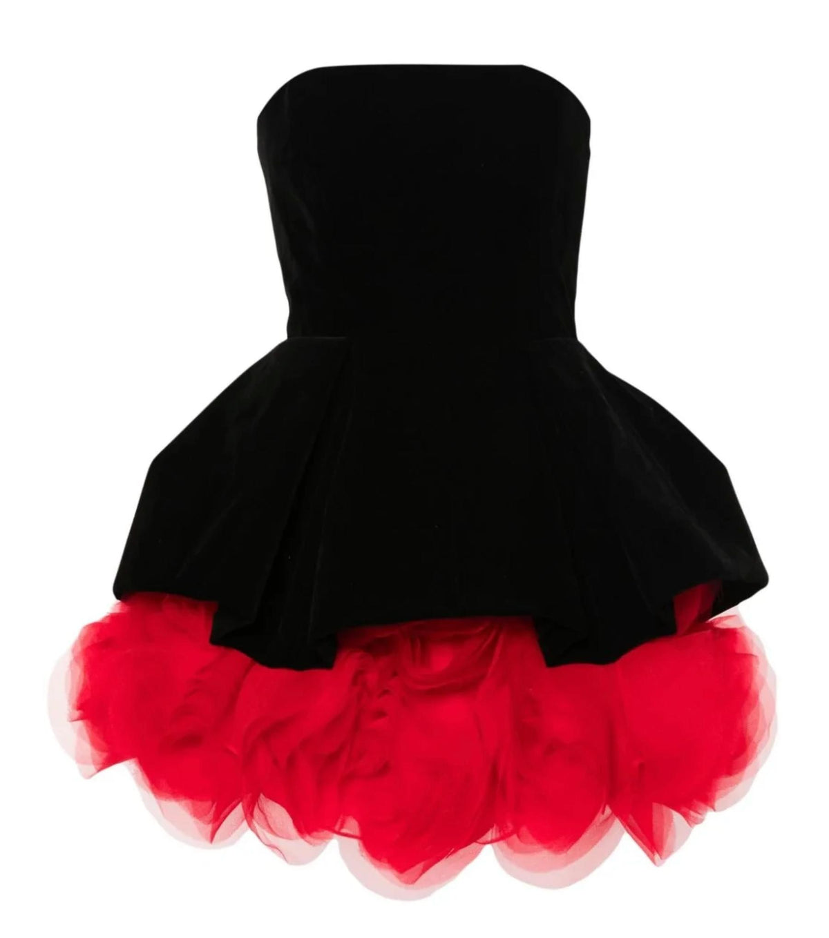 Strapless black velvet mini dress with a voluminous red tulle skirt and sweetheart neckline.