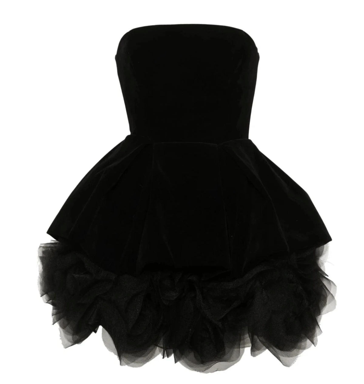 Black strapless A-line mini dress with a sweetheart neckline and layered tulle skirt accents.