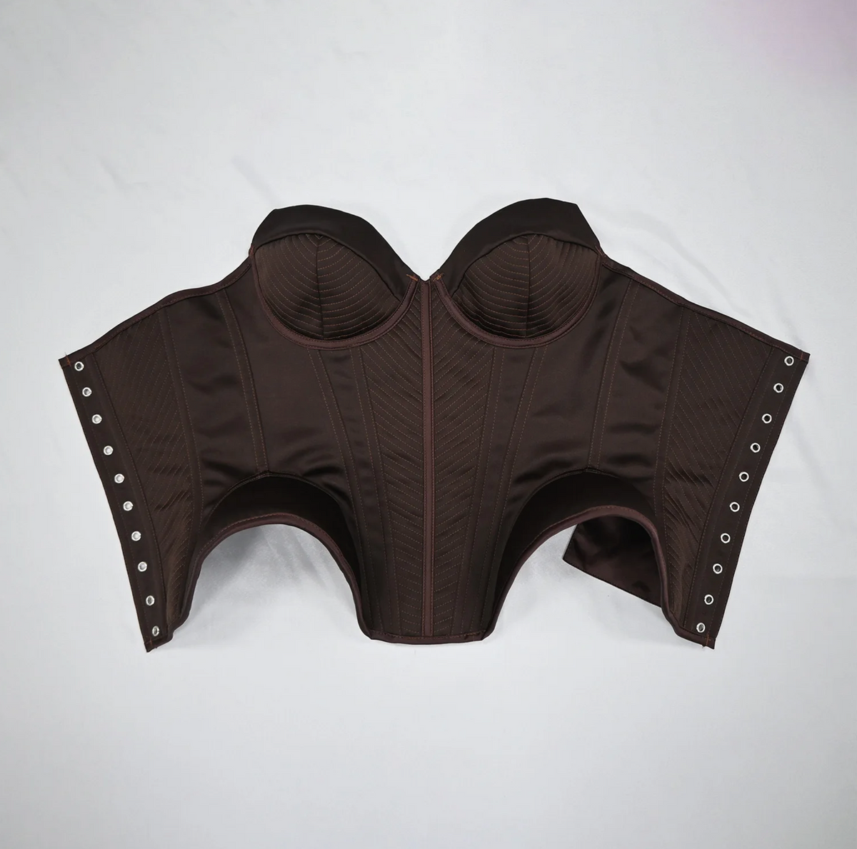 Dark brown structured corset bustier with stitched detailing, sweetheart neckline, and side metal eyelets for lacing.