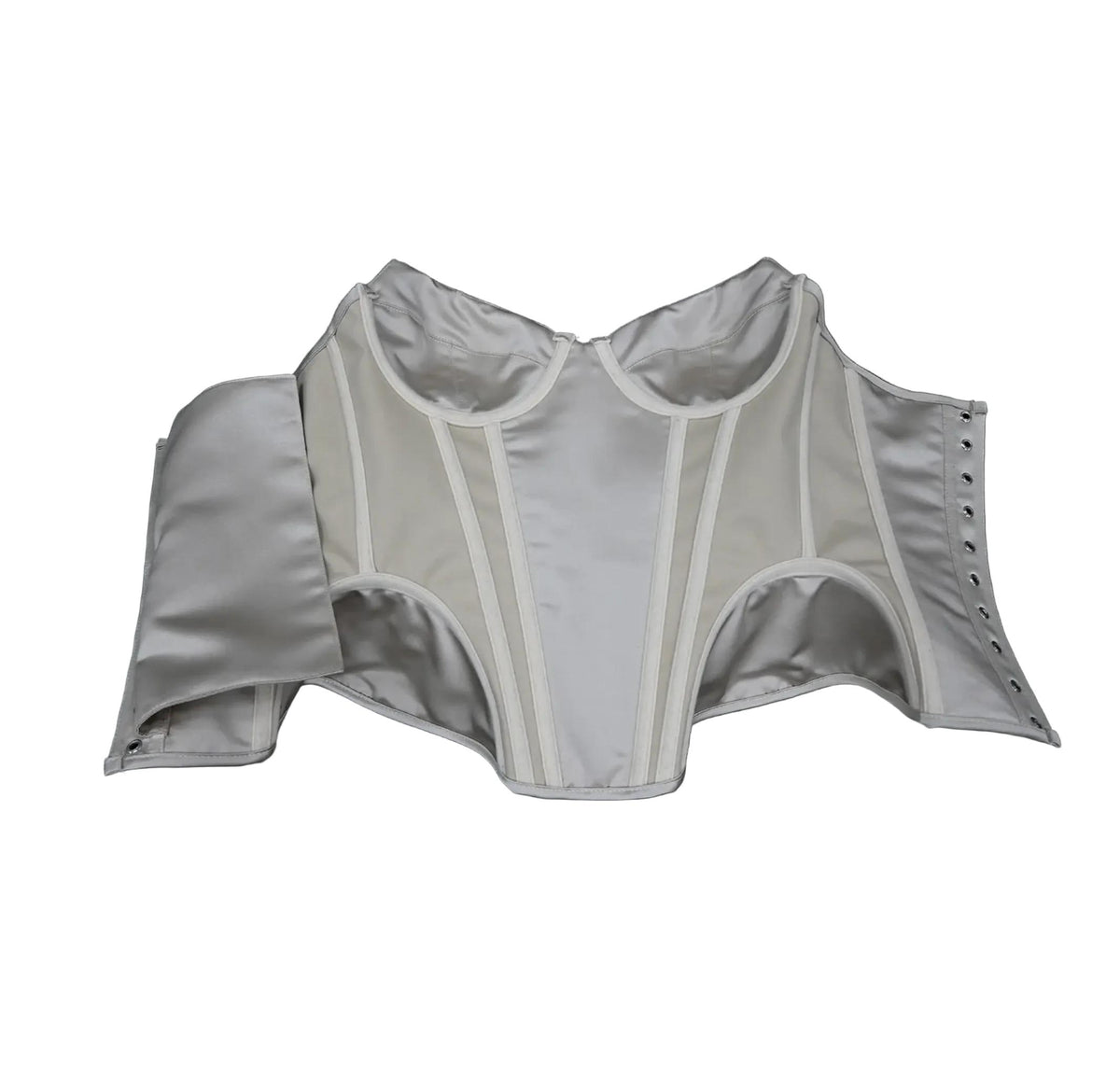 Enni luxury silver satin corset bustier with structured boning, mesh panels, and a side lace-up closure.