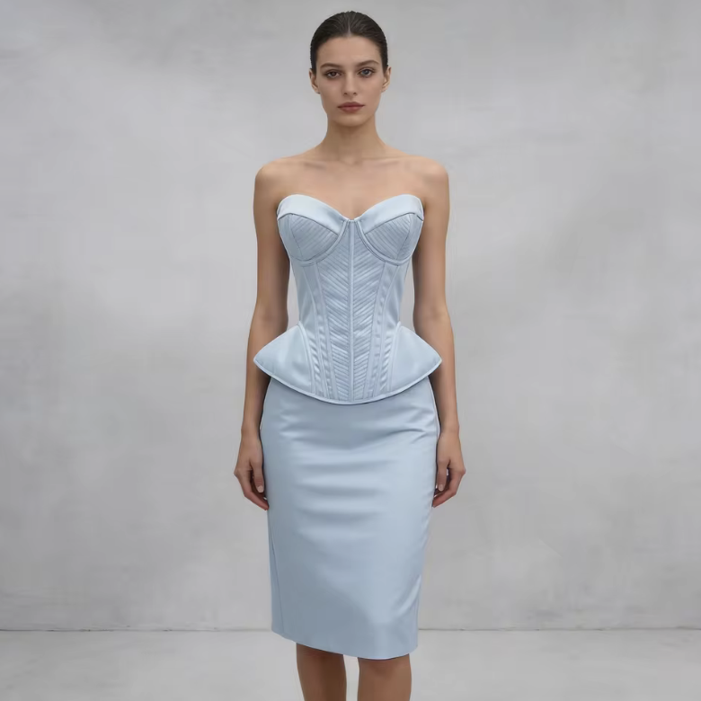 Model wearing a structured, light blue luxury corset bustier with a peplum waist and sweetheart neckline.