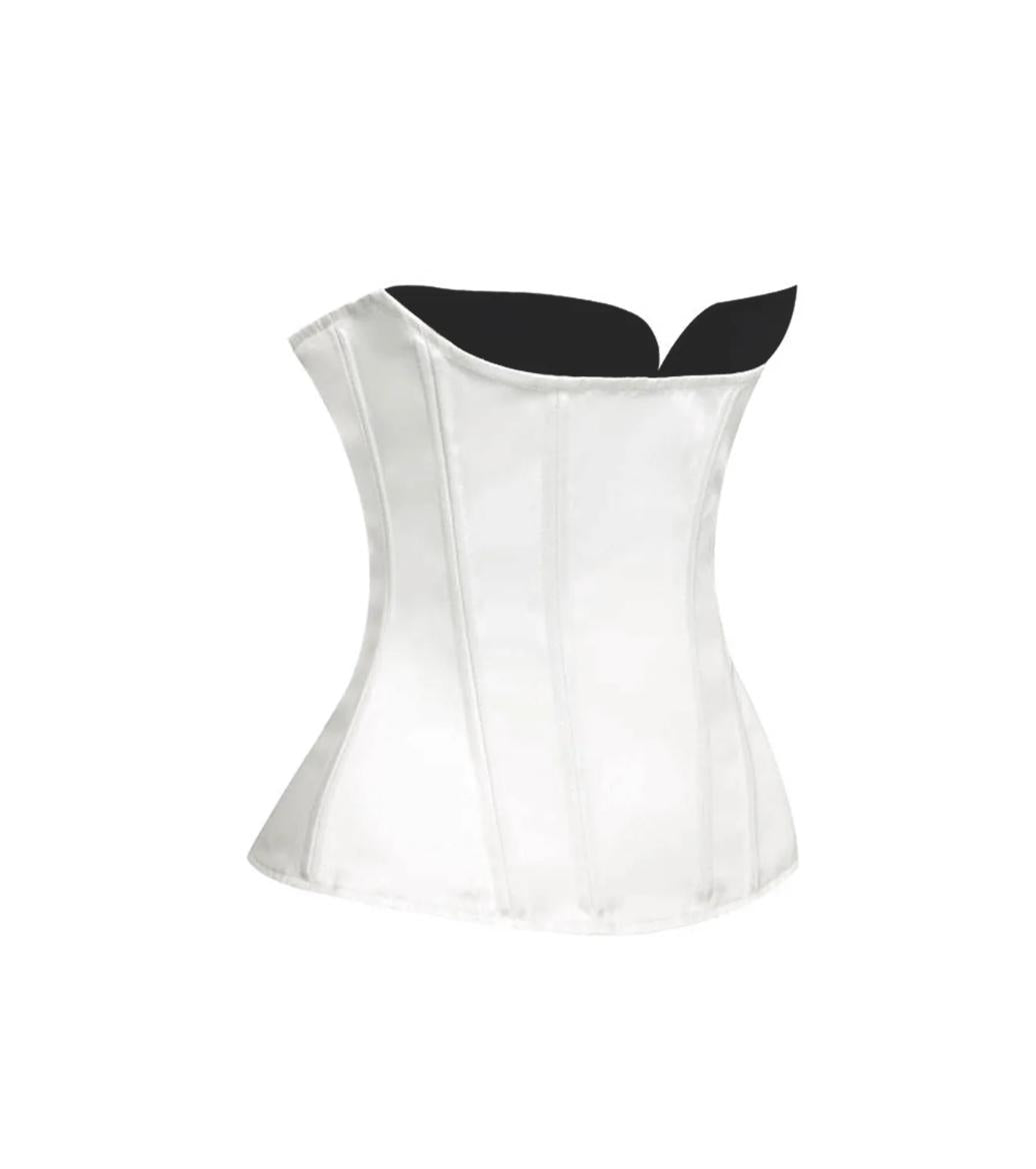 Structured white crepe corset top with a boned bodice and contrasting black neckline inserts.