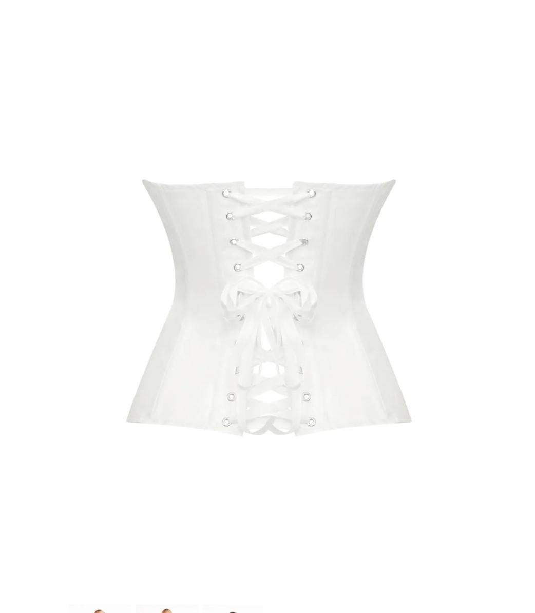 White structured crepe corset top featuring a back lace-up closure with ribbon ties and a sculpted, boned bodice.