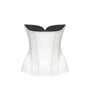 White structured crepe corset top featuring a boned bodice and contrasting black neckline inserts.