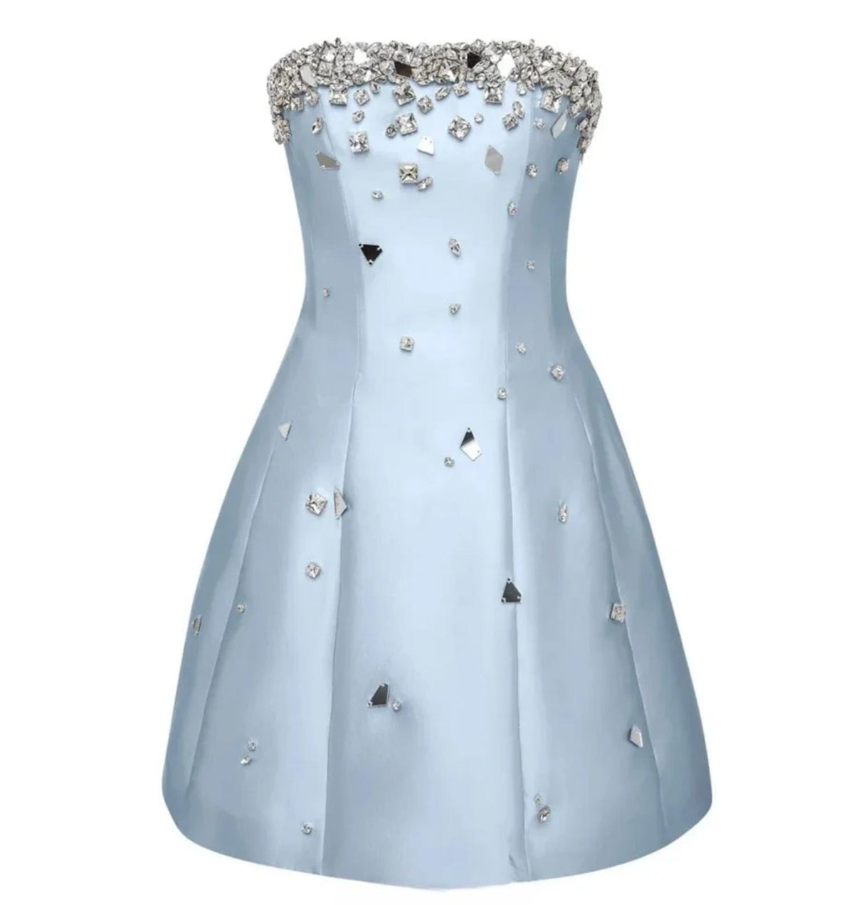 Light blue satin mini dress with a strapless neckline and scattered crystal and mirror embellishments.