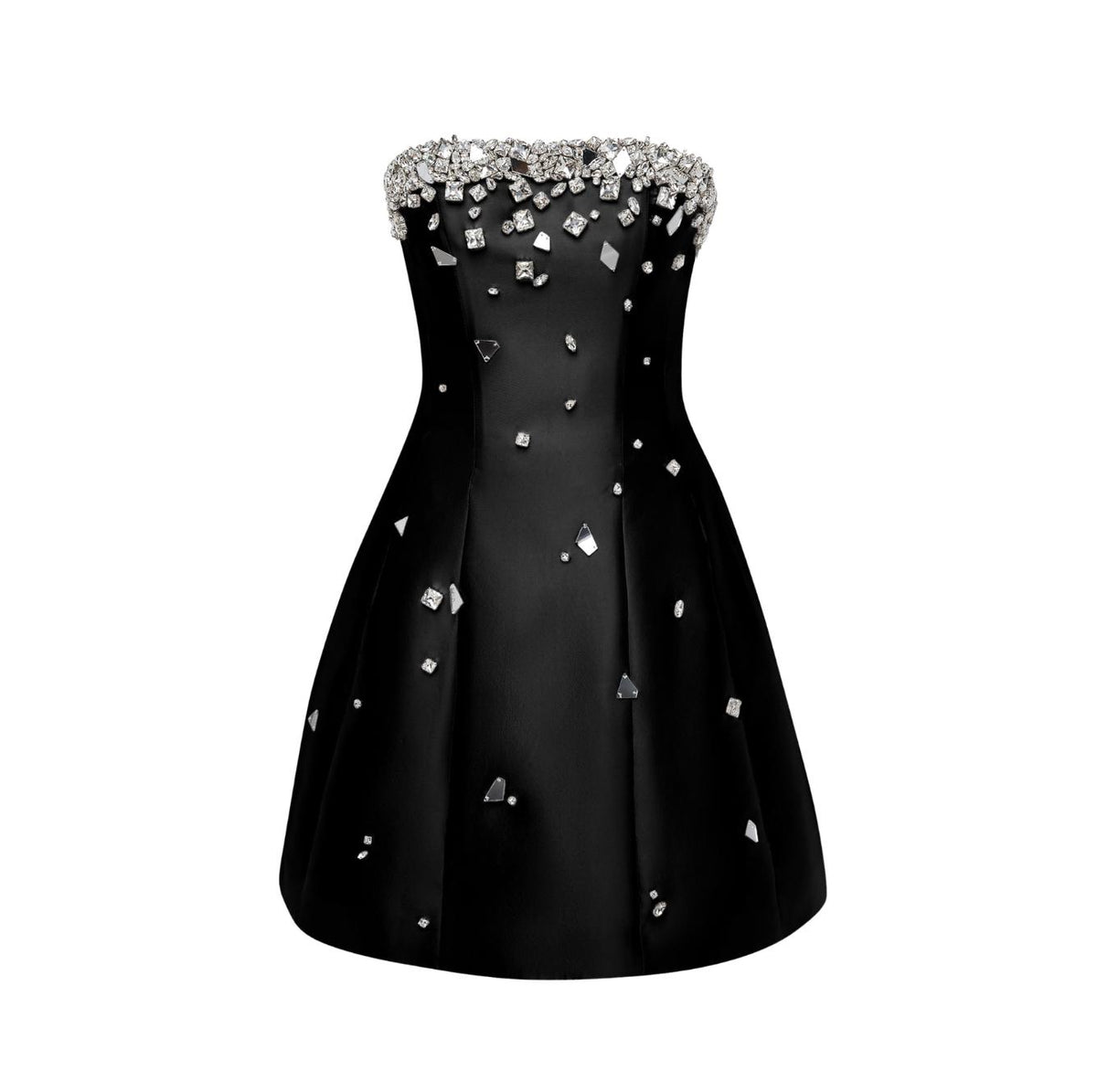 Black strapless satin mini dress featuring a crystal-embellished bodice and scattered rhinestone accents.