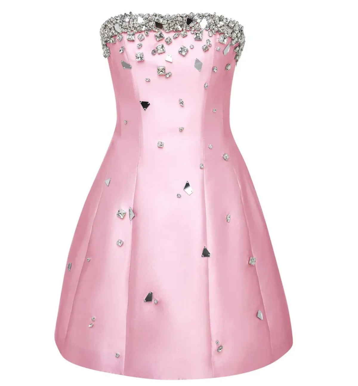 Strapless pink satin mini dress featuring a crystal-embellished neckline and scattered mirror-like accents.