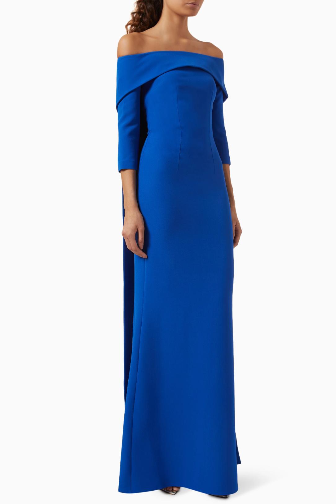 Royal blue off-the-shoulder floor-length gown in smooth polyester with a fitted silhouette and elegant train.