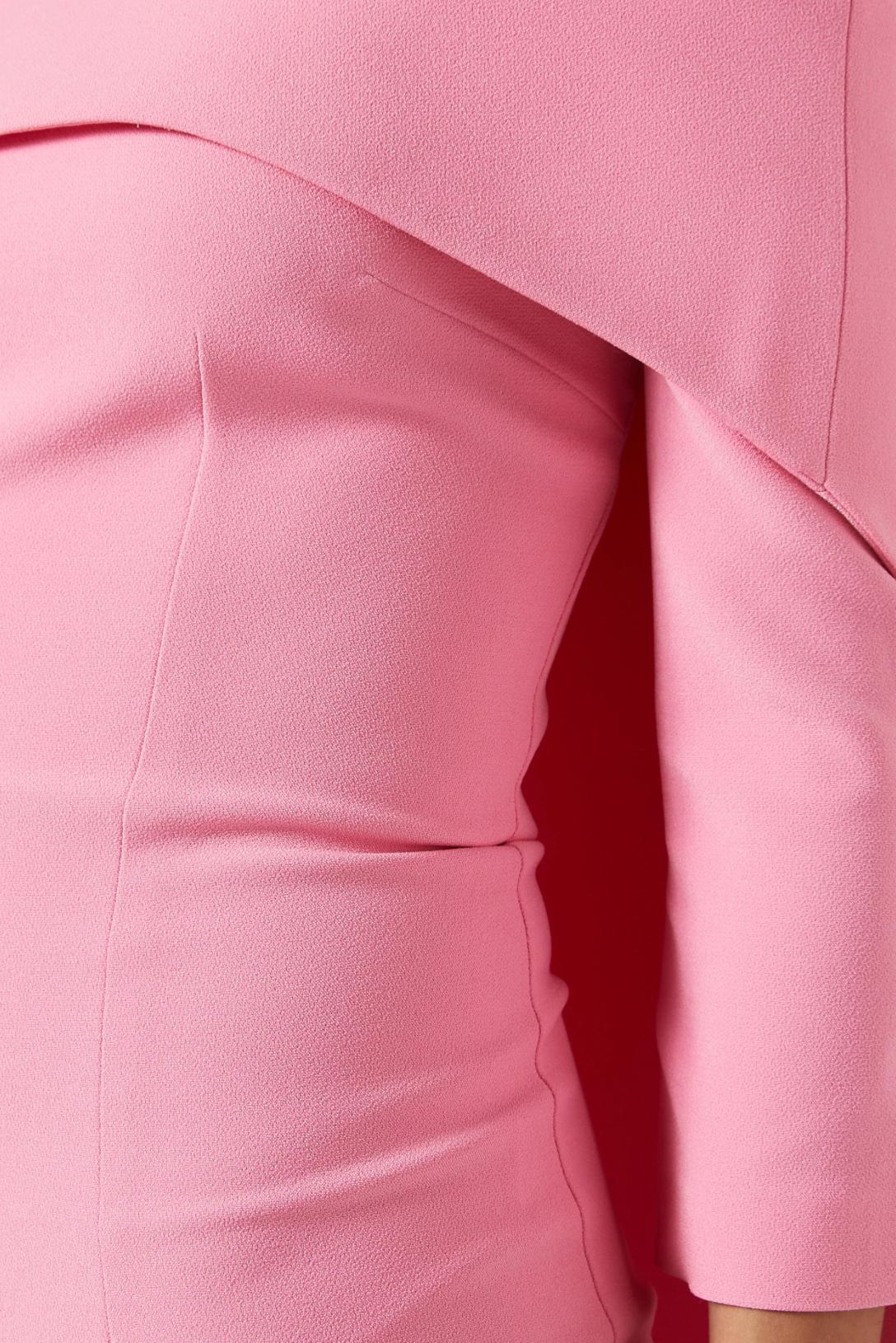 Pink off-the-shoulder floor-length dress in smooth polyester with structured pleated accents and a fitted silhouette.