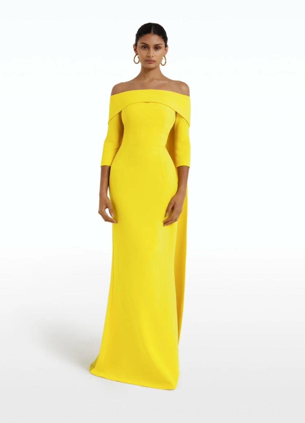 Bright yellow off-the-shoulder floor-length A-line gown with three-quarter sleeves and a smooth polyester finish.