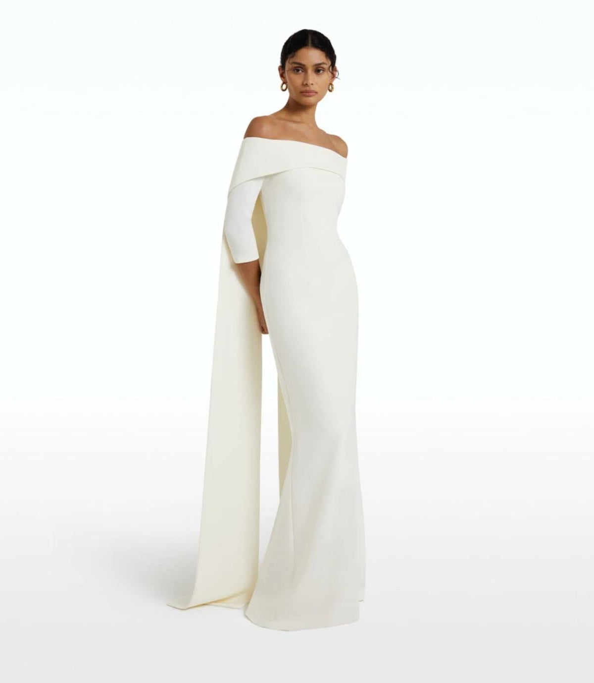 Elegant white off-the-shoulder floor-length gown with a dramatic train and fitted silhouette in smooth jersey fabric.