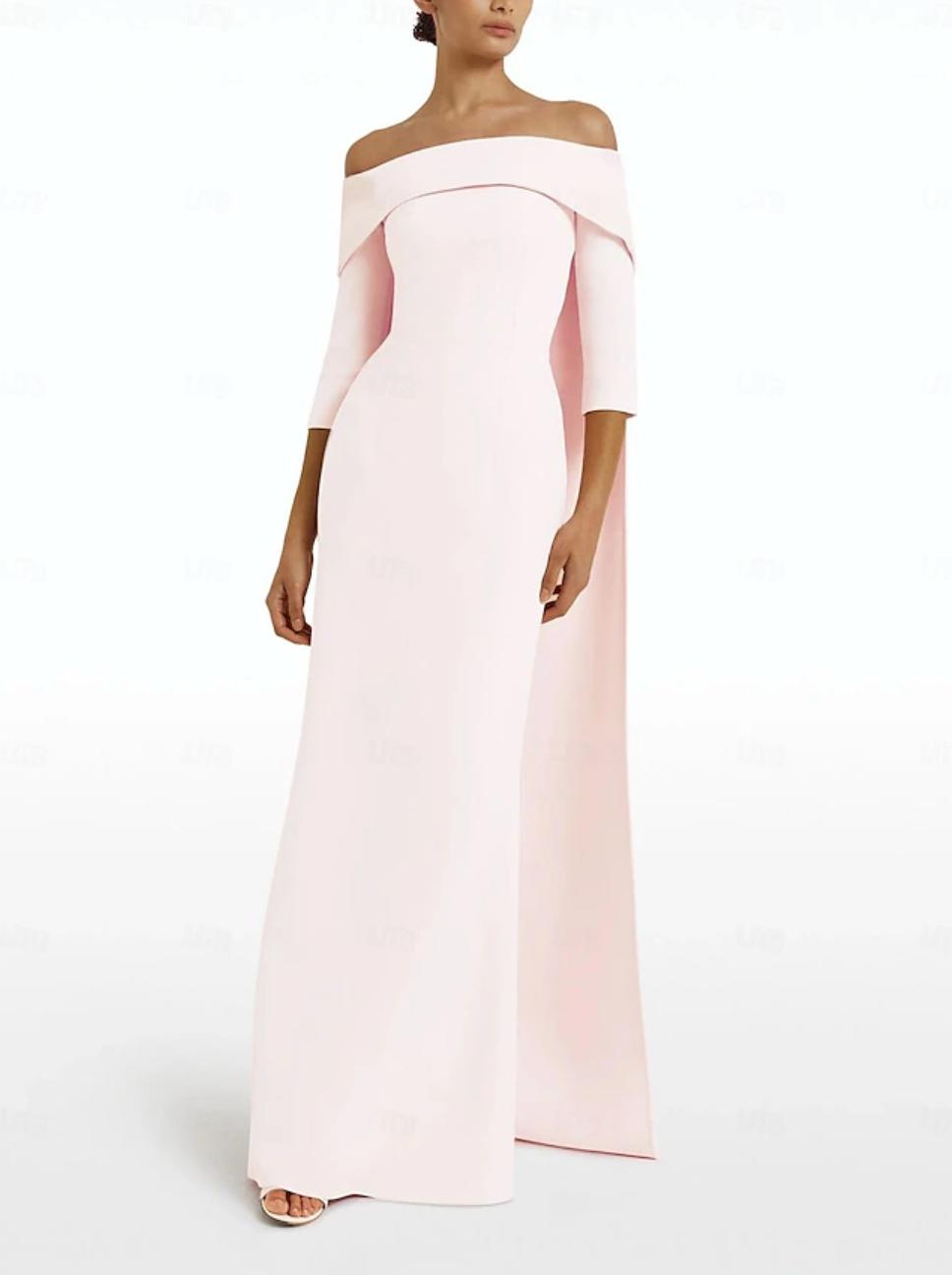 Pale pink off-the-shoulder floor-length A-line gown with a train and smooth polyester jersey fabric.