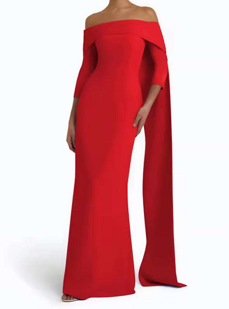 Elegant red off-the-shoulder floor-length gown with a dramatic train and fitted silhouette in smooth jersey fabric.