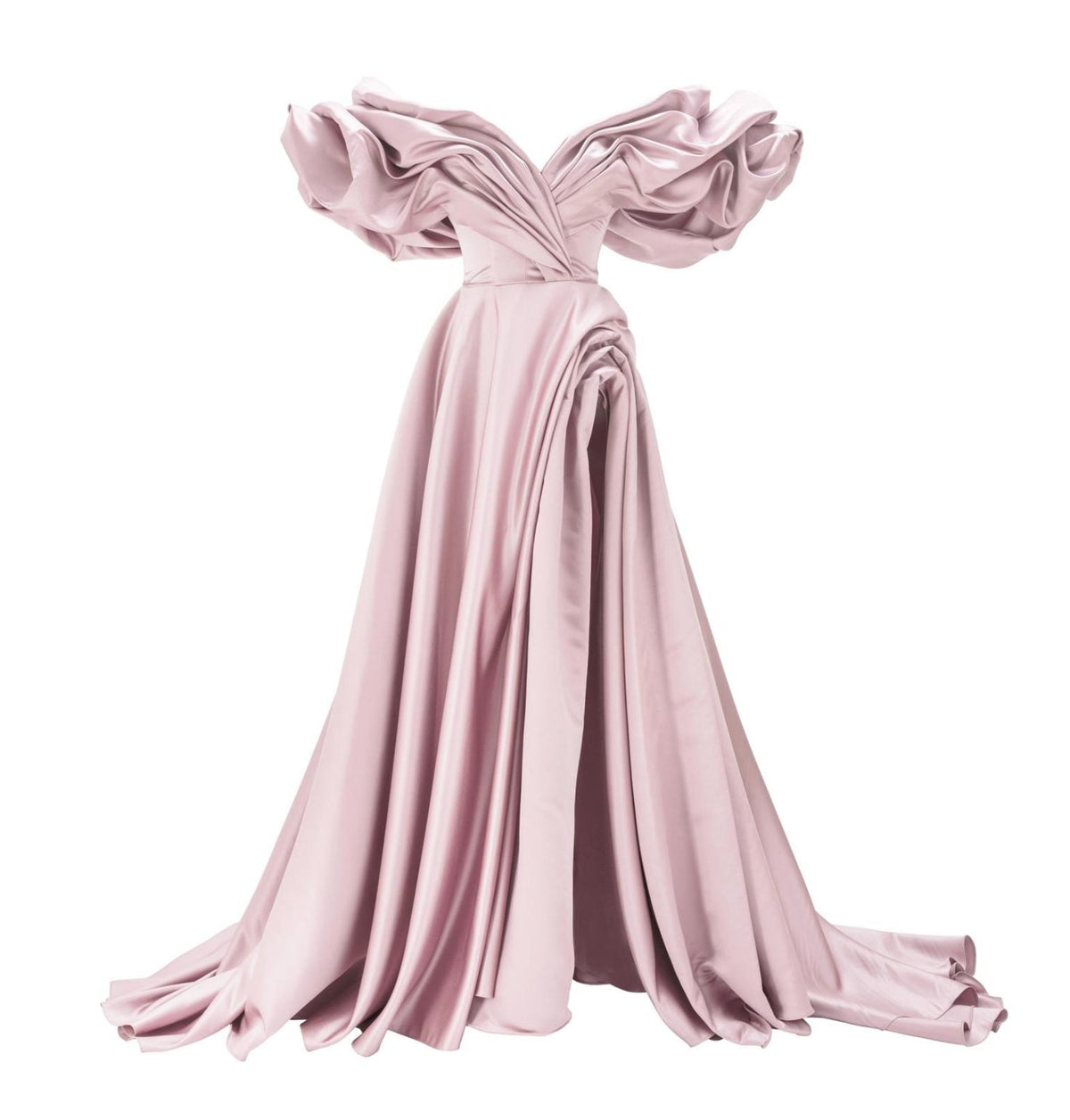 Dusty pink satin A-line gown with off-shoulder pleated sleeves and a dramatic high side slit.