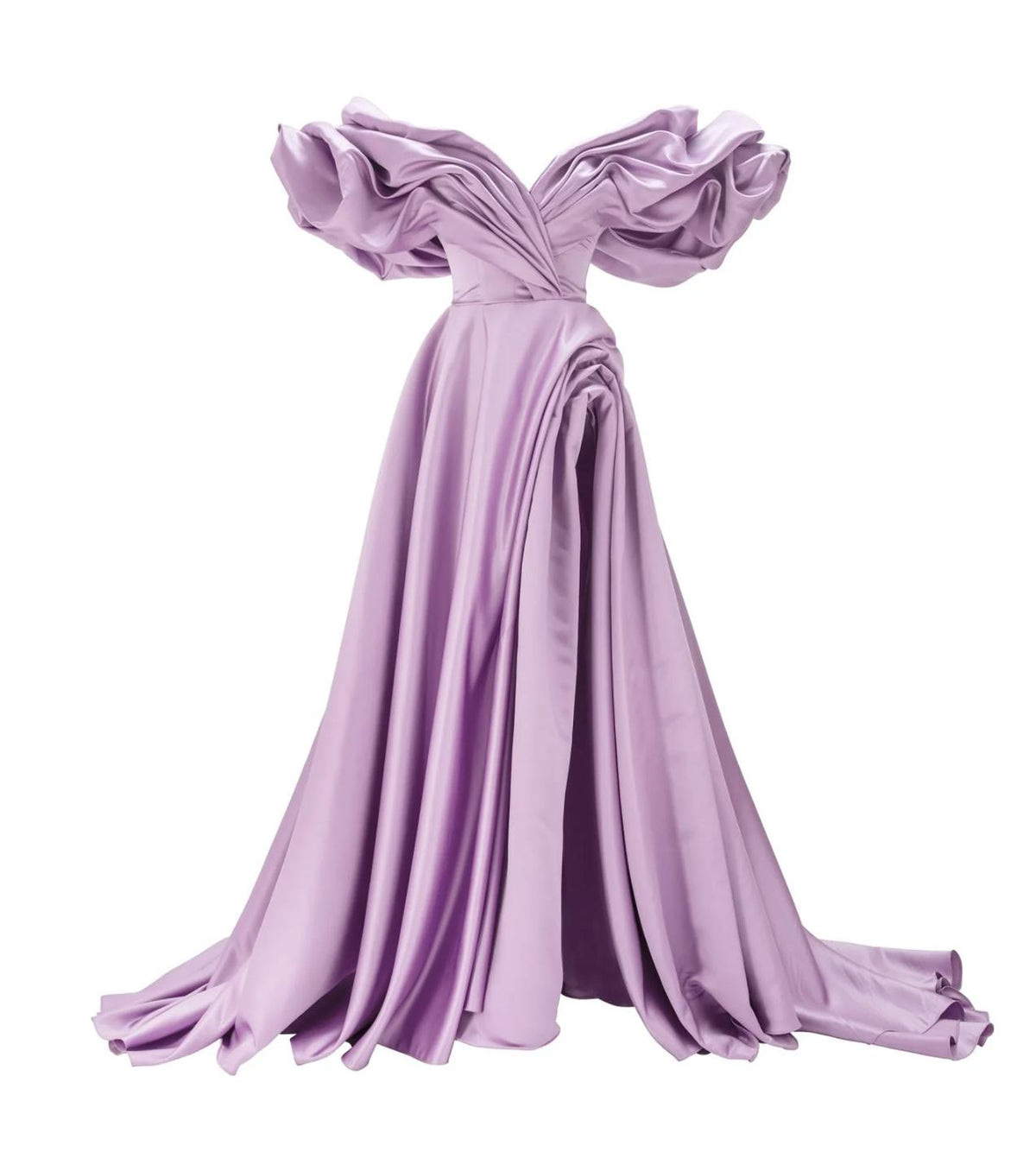 Lavender satin off-shoulder A-line gown with voluminous pleated sleeves and a dramatic high side slit.