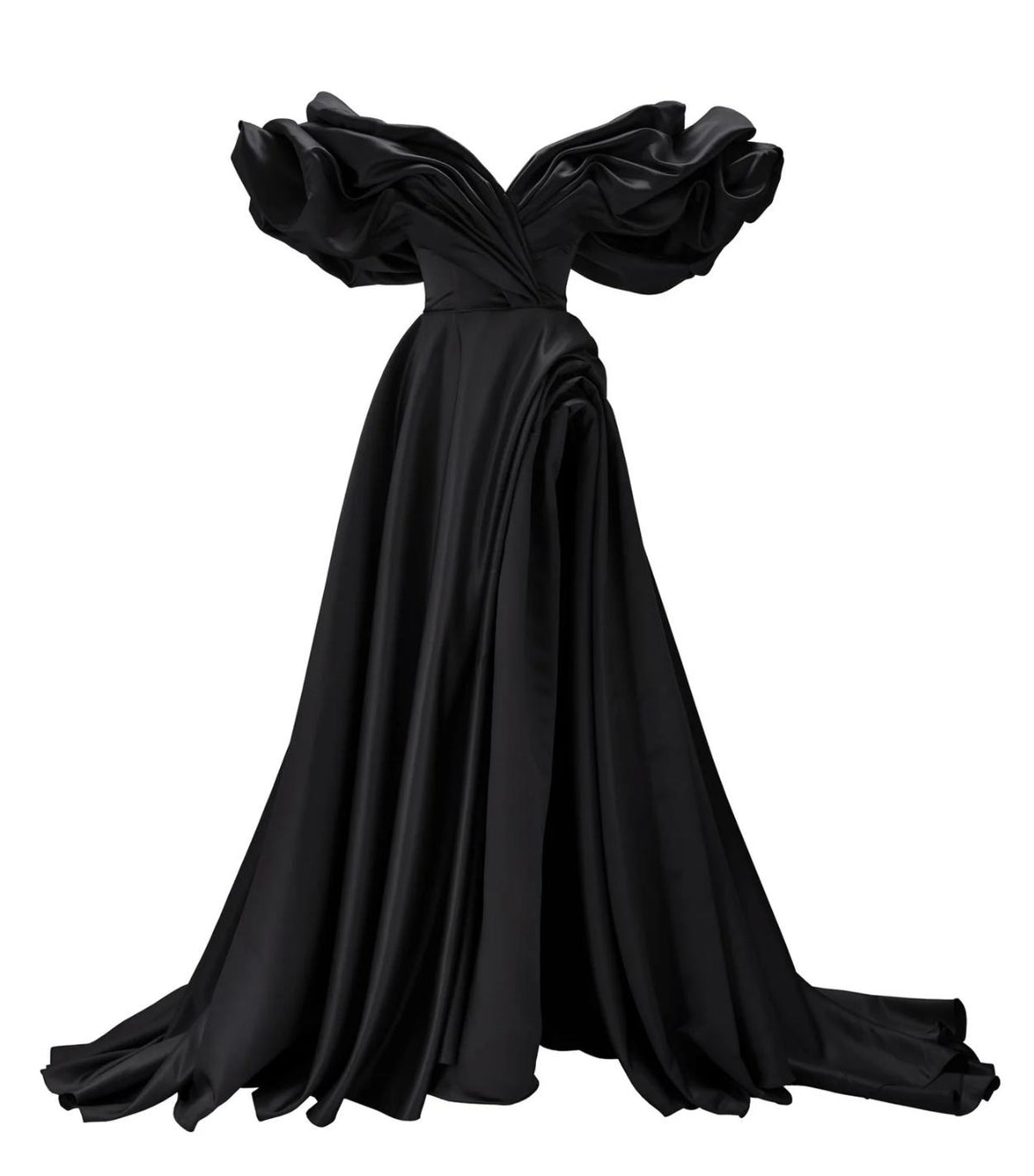 Black satin A-line gown with an off-shoulder pleated bodice, voluminous sleeves, and a high side slit.