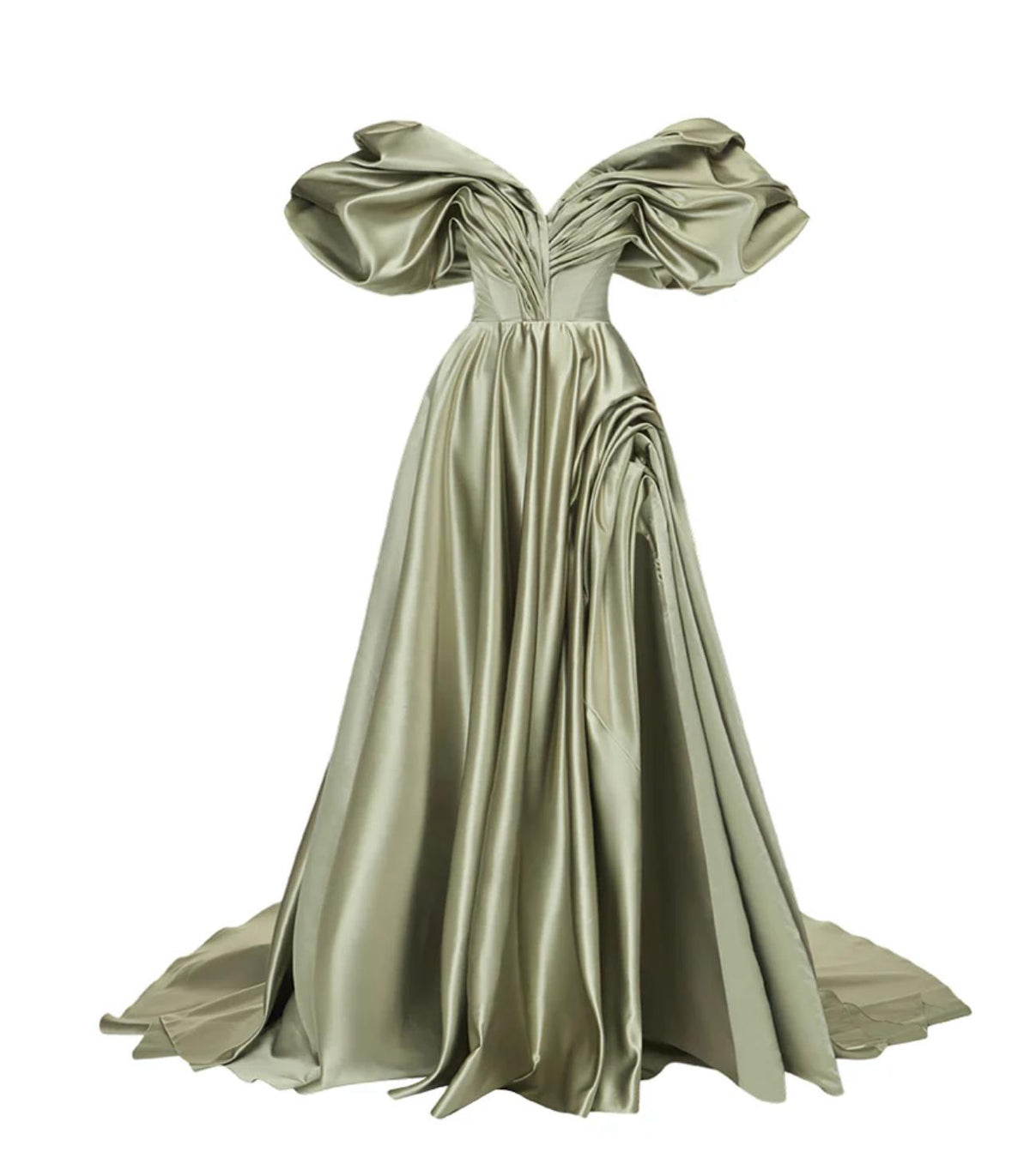 Sage green satin A-line gown with off-shoulder pleated sleeves, a fitted bodice, and a high side slit.