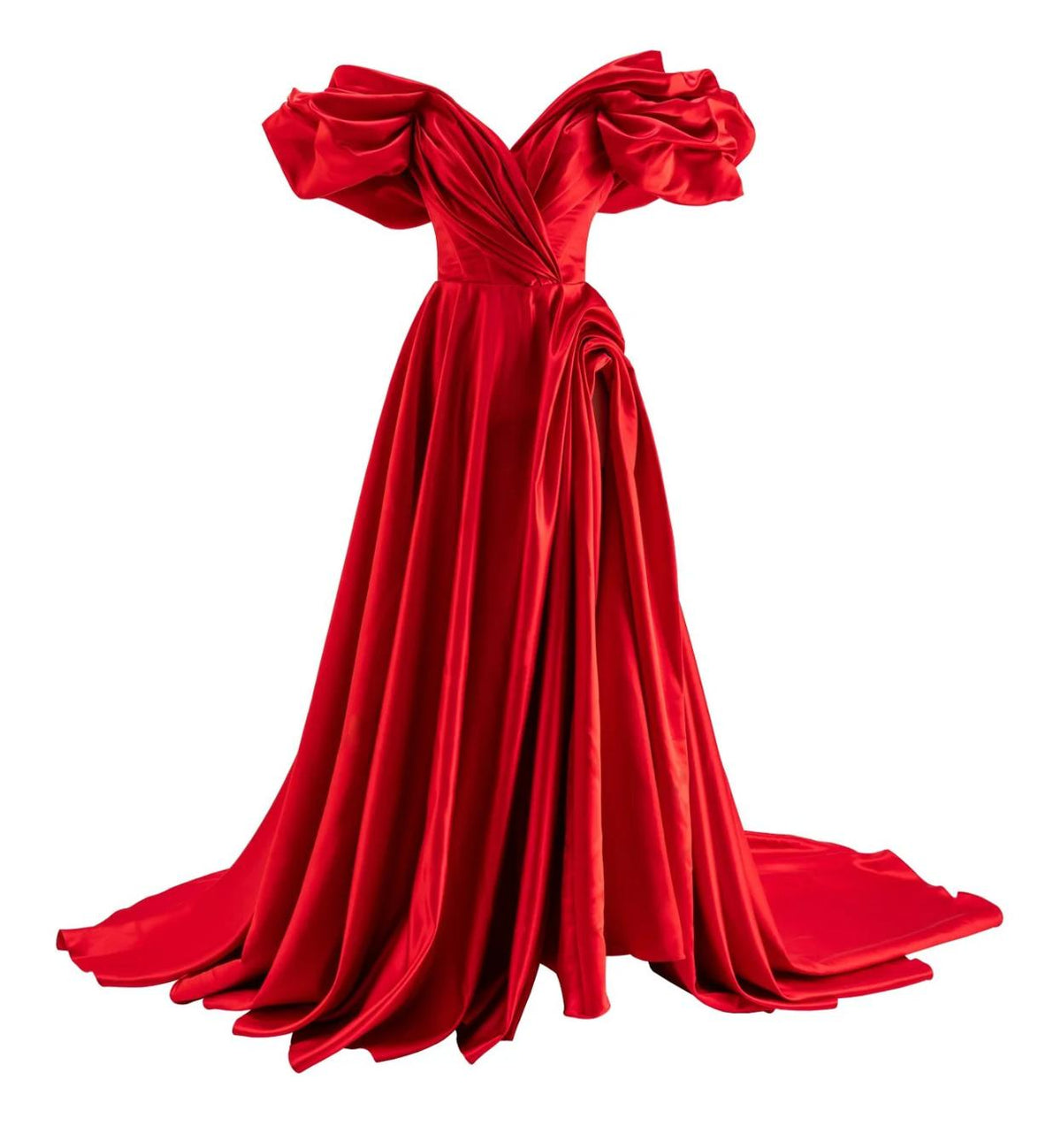 Red satin off-shoulder A-line gown with pleated bodice, voluminous sleeves, and a high side slit.
