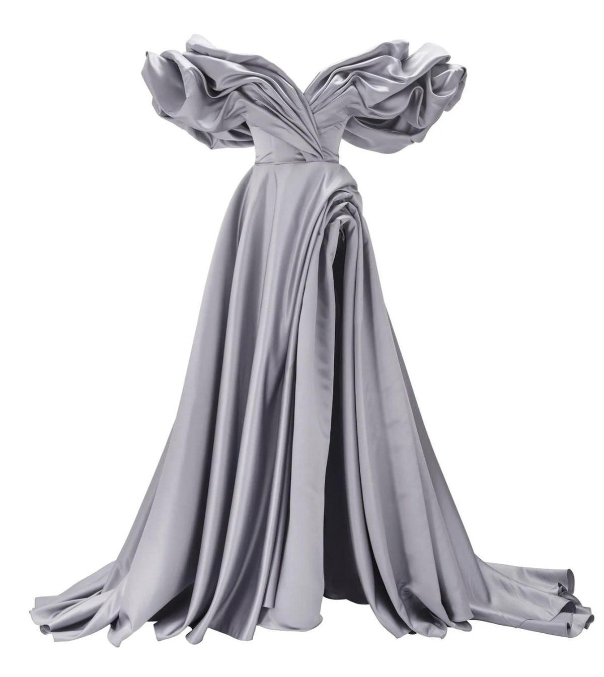 Silver satin off-shoulder A-line gown with voluminous pleated sleeves and a high side slit for a formal look.