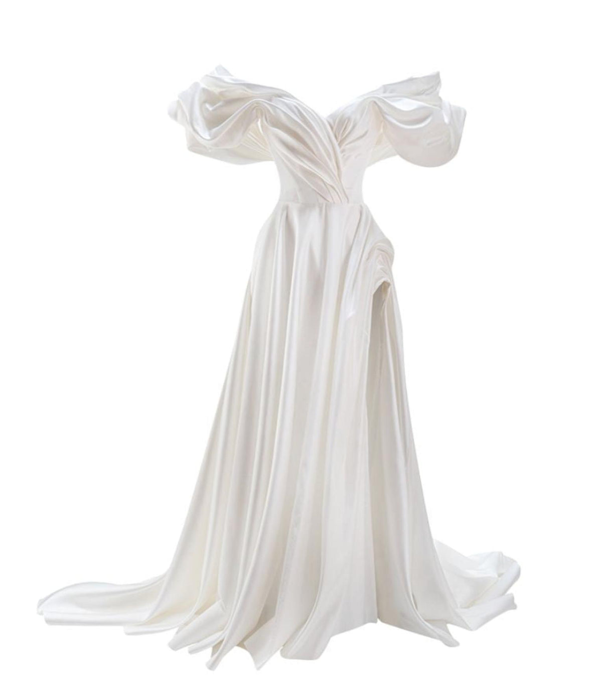 Off-shoulder white satin A-line gown with elegant bodice pleats and a high side slit for a formal vintage look.