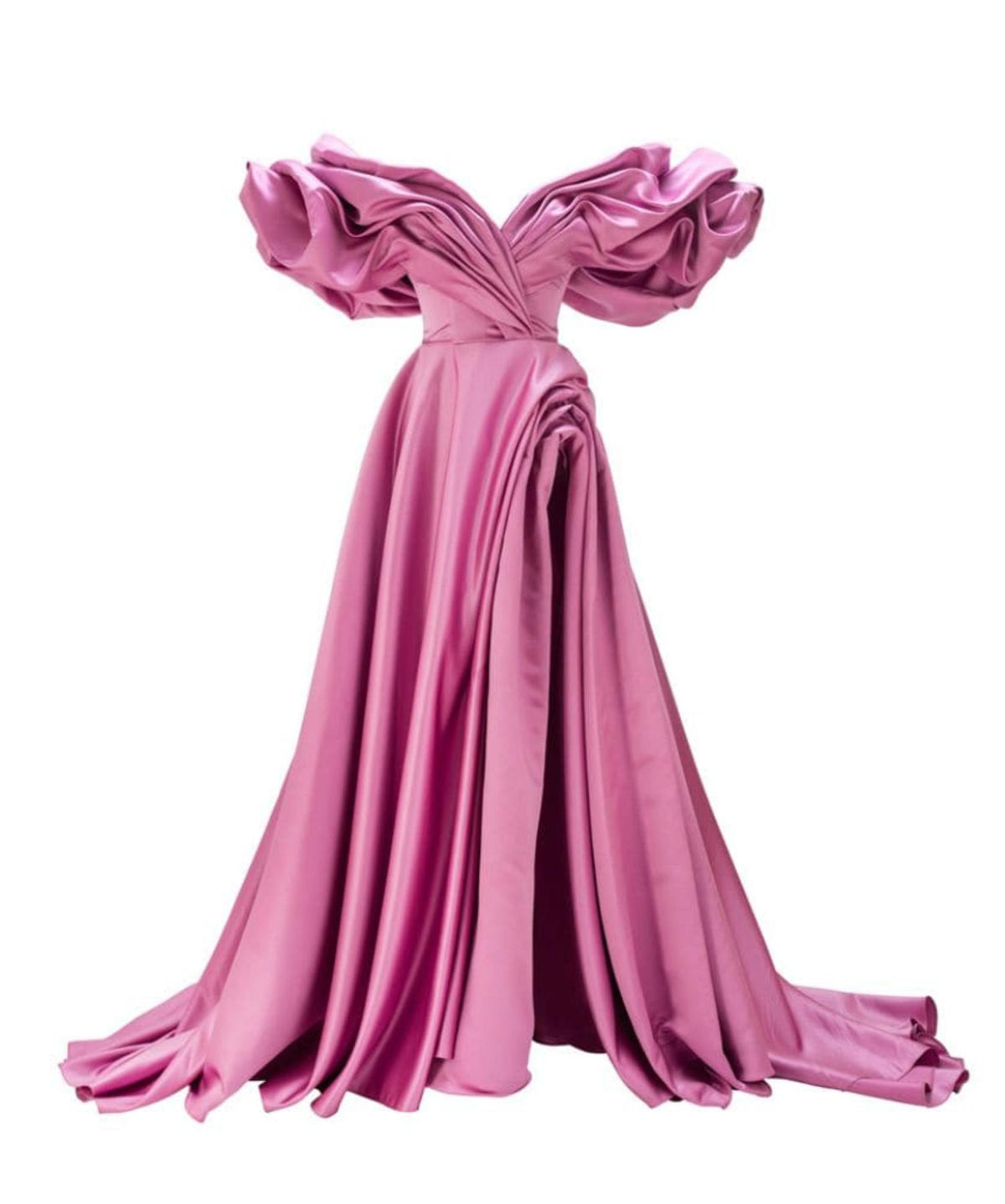 Pink satin off-shoulder A-line gown with voluminous pleated sleeves and a high side slit for formal events.