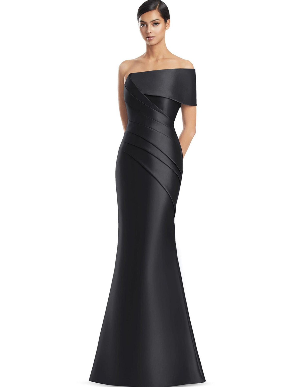 Black satin twill floor-length gown with an off-the-shoulder neckline and structured, pleated bodice design.