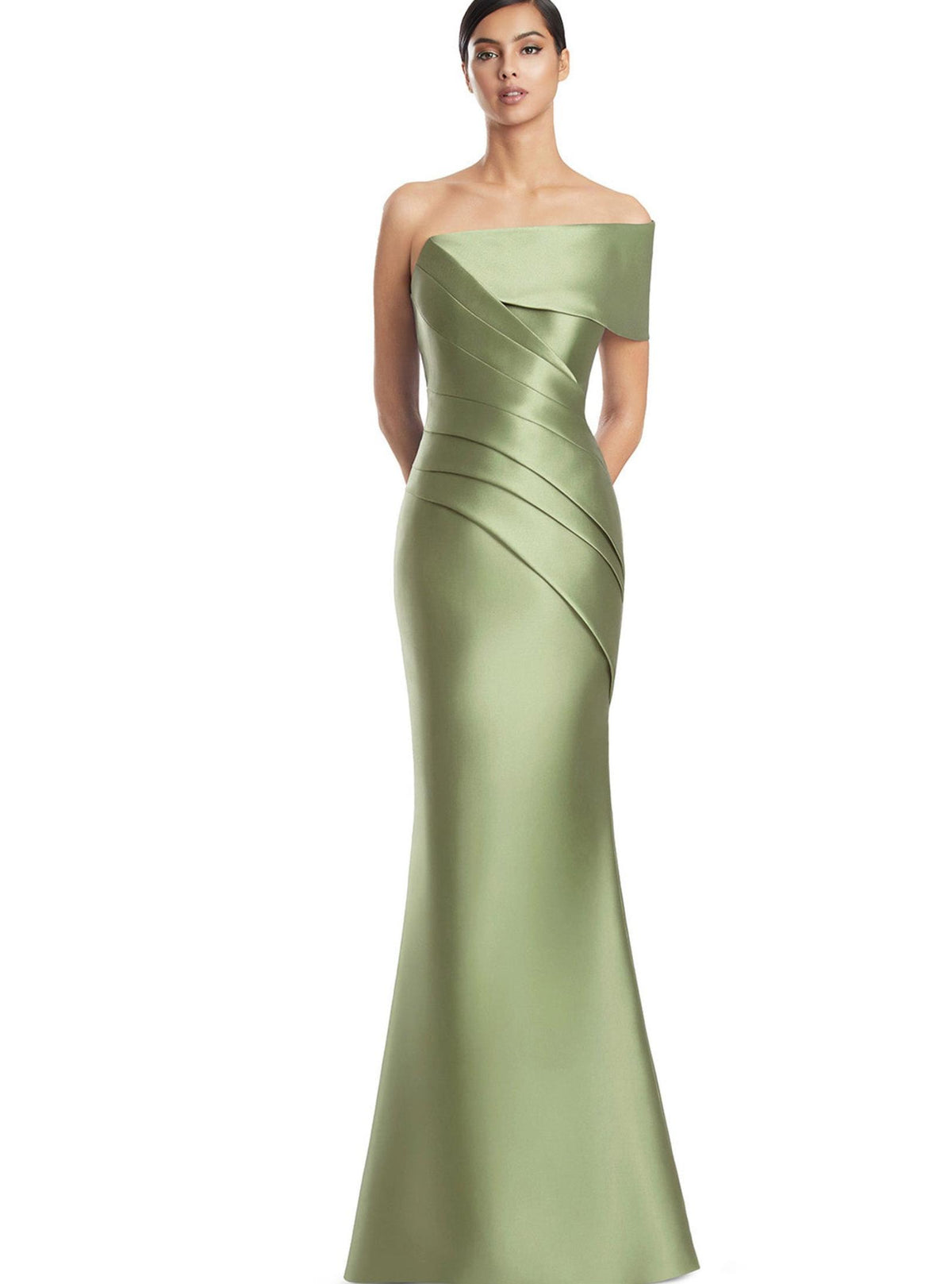 Sage green off-the-shoulder satin twill evening gown with structured pleated bodice and floor-length silhouette.