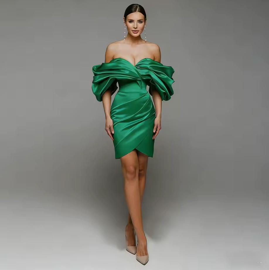 Emerald green satin mini gown with off-shoulder pleated sleeves, sweetheart neckline, and a fitted A-line silhouette.