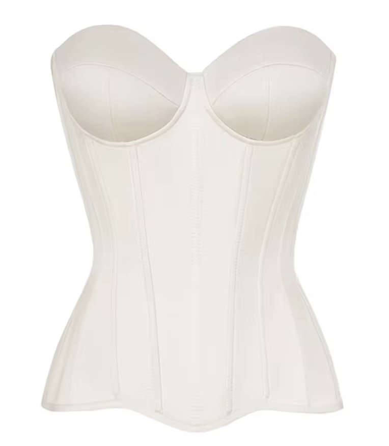 Fynn strapless cream bandage corset top with a structured, waist-cinching silhouette and minimalist design.