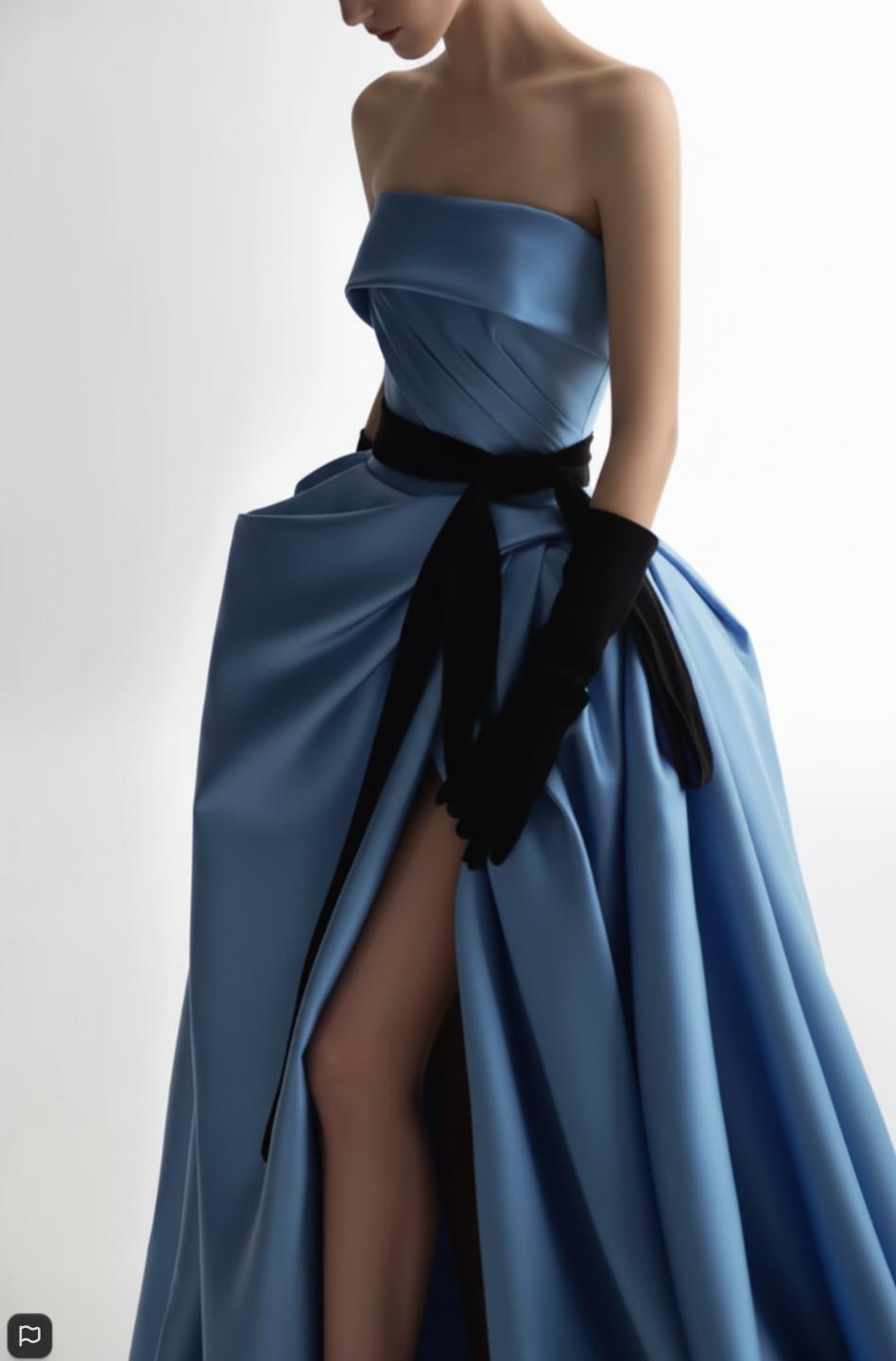 Strapless blue satin A-line ball gown with a side slit, black ribbon waist detail, and matching opera-length gloves.