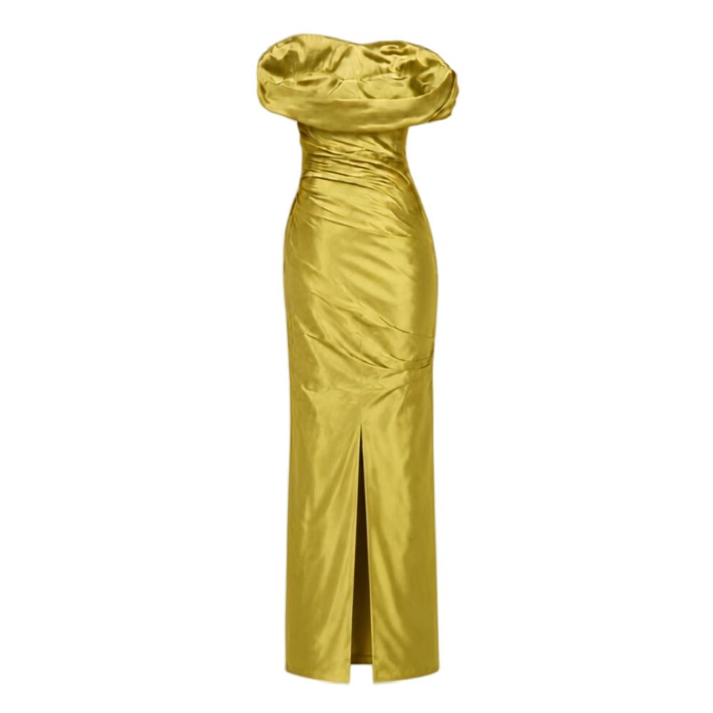 Chartreuse off-the-shoulder draped taffeta column gown with a floor-length silhouette and front slit.