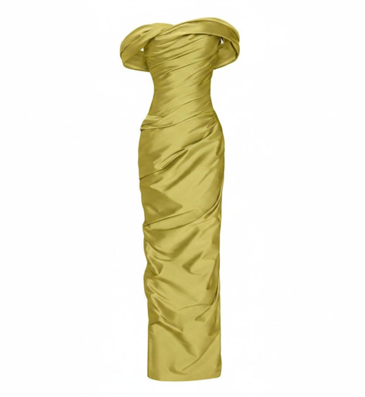 Chartreuse off-the-shoulder draped taffeta column gown with a floor-length silhouette and structured architectural design.