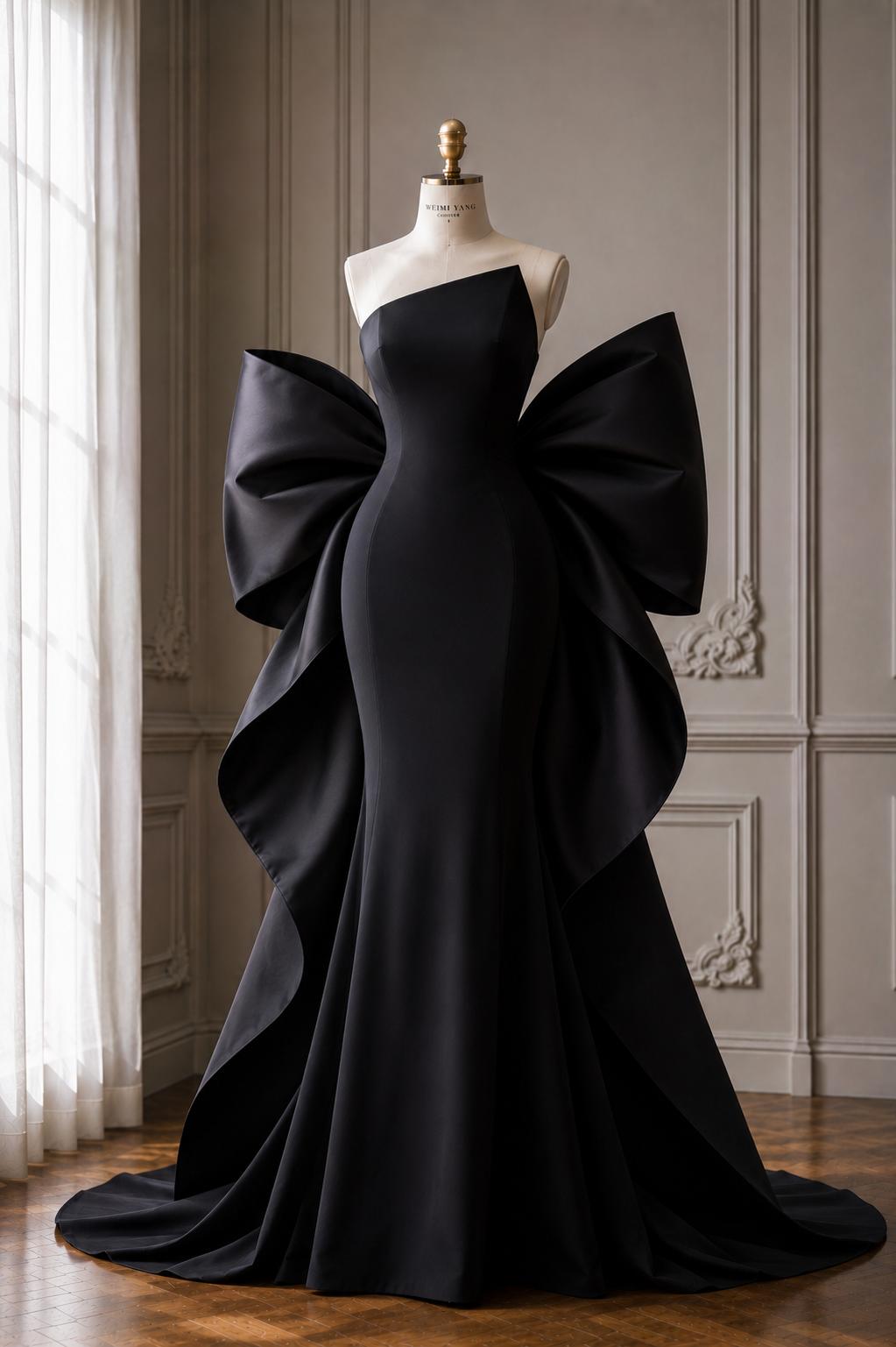 Sleek black floor-length gown on a mannequin featuring a dramatic, oversized sculptural satin bow and a fitted bodice.