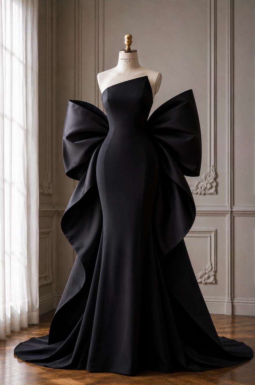 Sleek black floor-length gown on a mannequin featuring an oversized sculptural satin bow and a fitted bodice.