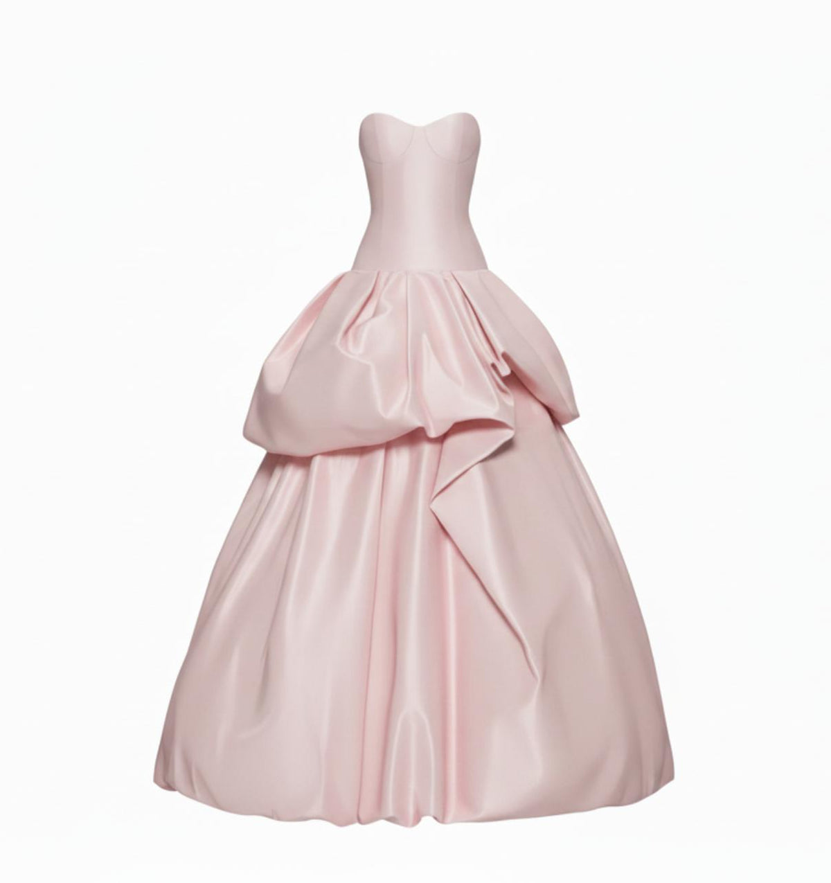 Strapless pink silk taffeta ball gown with a structured corset bodice and dramatic drop-waist tiered skirt.