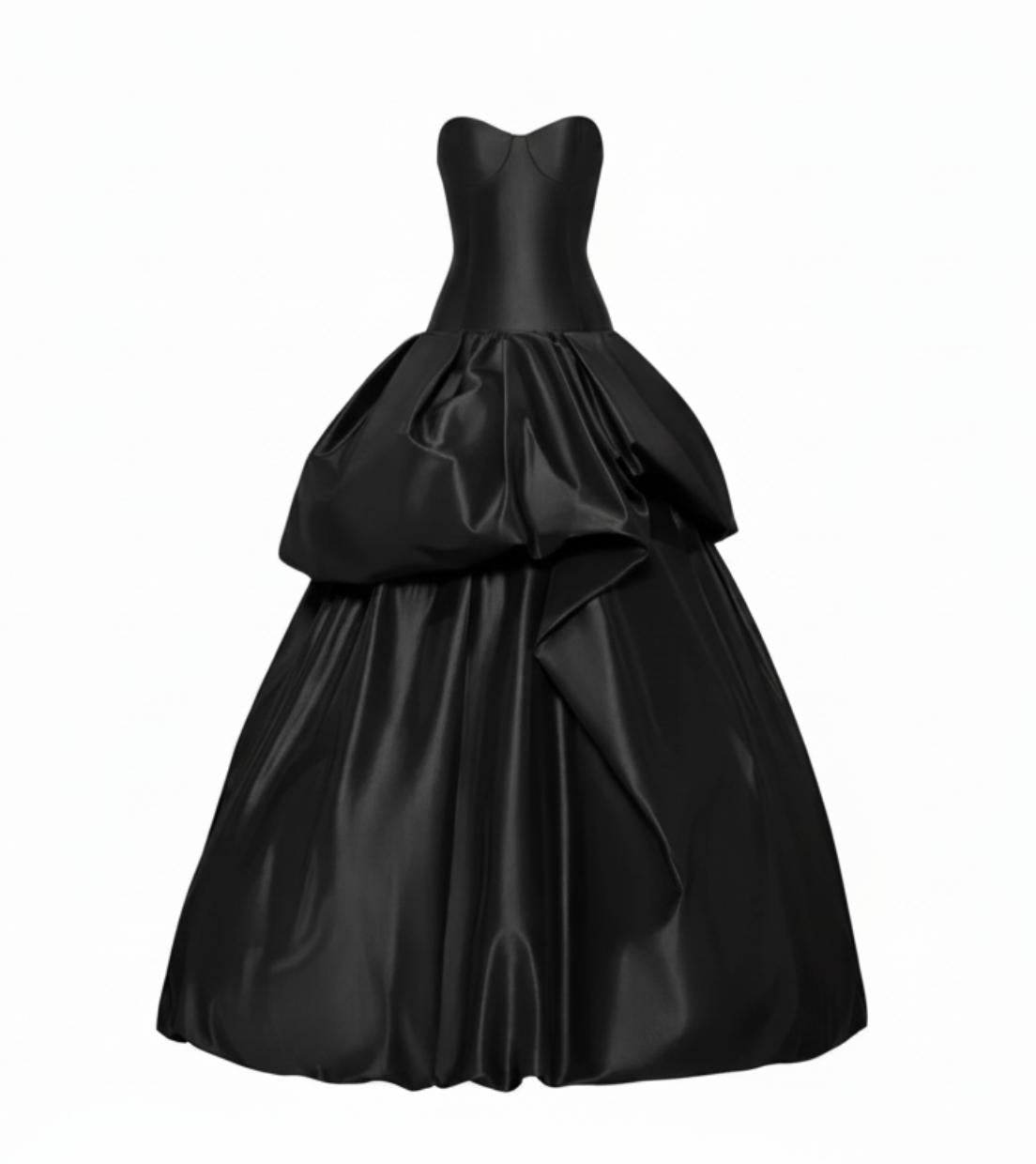 Black strapless silk taffeta ball gown with a structured corseted bodice and a dramatic, tiered drop-waist skirt.