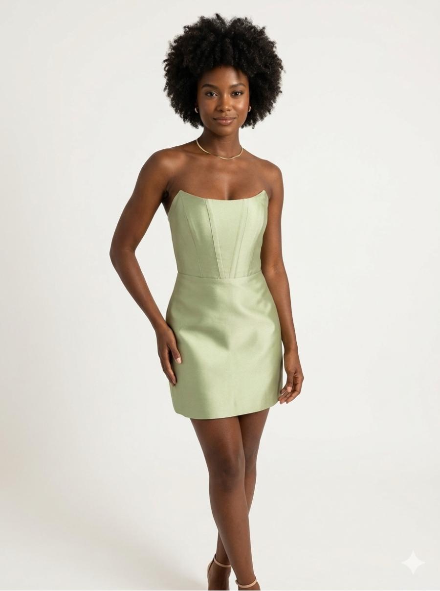 Model wearing a sage green strapless satin mini dress with a structured, architectural bodice and clean lines.