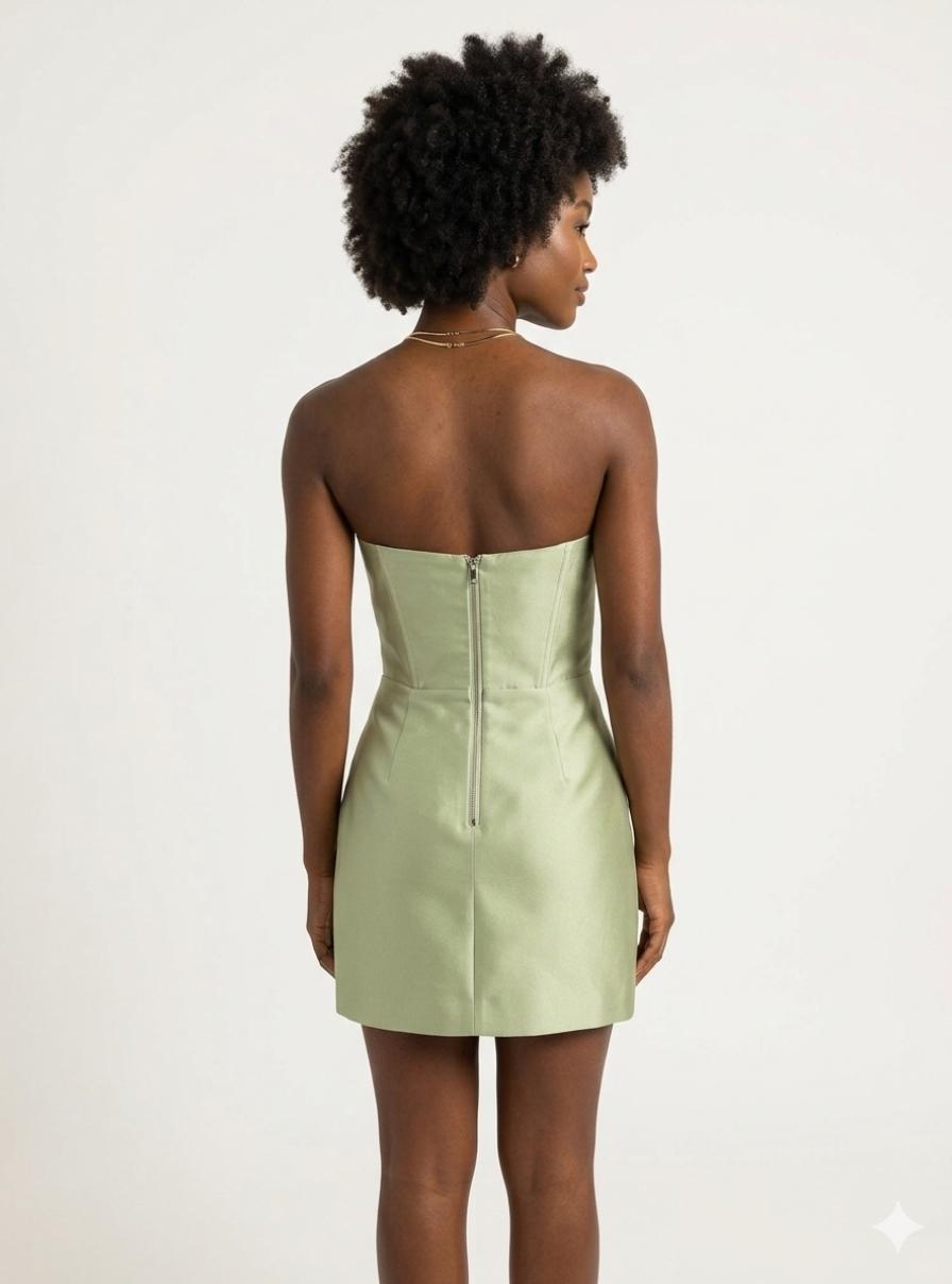 Back view of a sage green strapless satin mini dress with a structured bodice and exposed center back zipper.