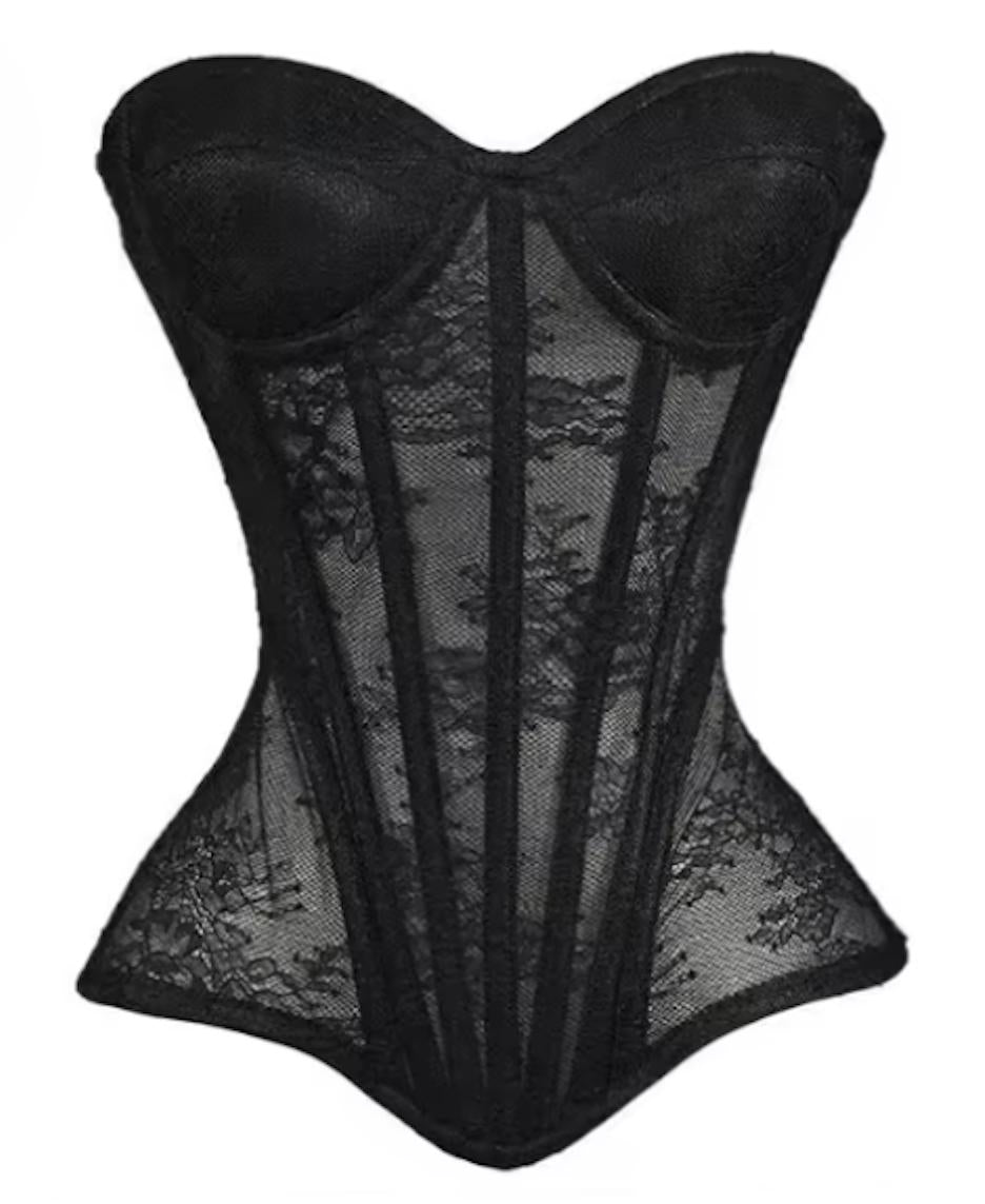 Gia black steel-boned corset bustier in premium sheer mesh with structured Victorian-inspired paneling.