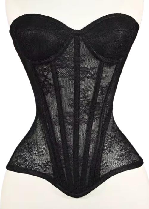 Gia black mesh corset bustier featuring steel-boned construction for waist sculpting and a structured Victorian-inspired design.