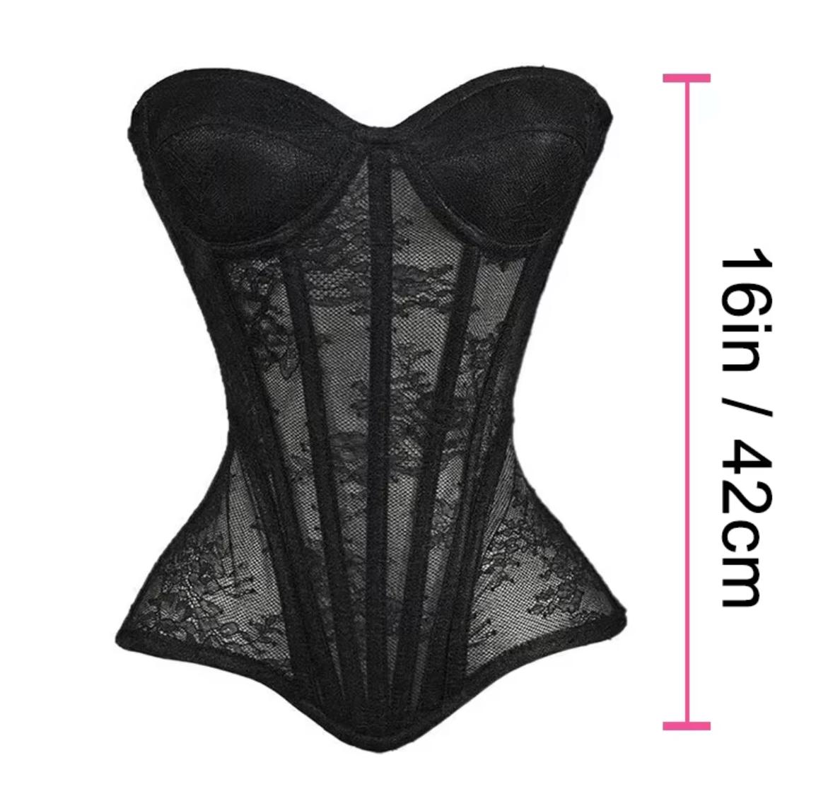 Black mesh corset bustier with steel-boned construction and lace detailing, measuring 16 inches or 42 centimeters in length.