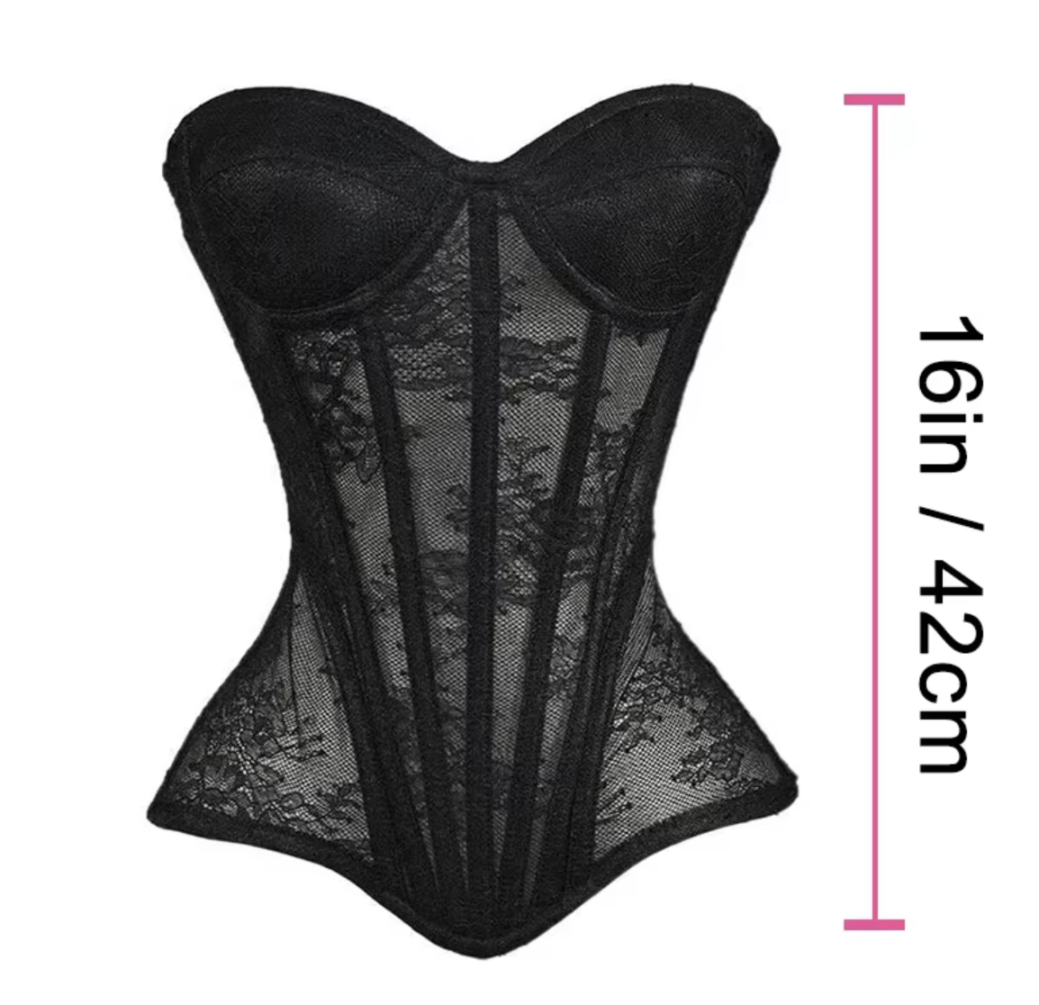 Black mesh corset bustier with steel-boned construction and lace detailing, measuring 16 inches or 42 centimeters in length.