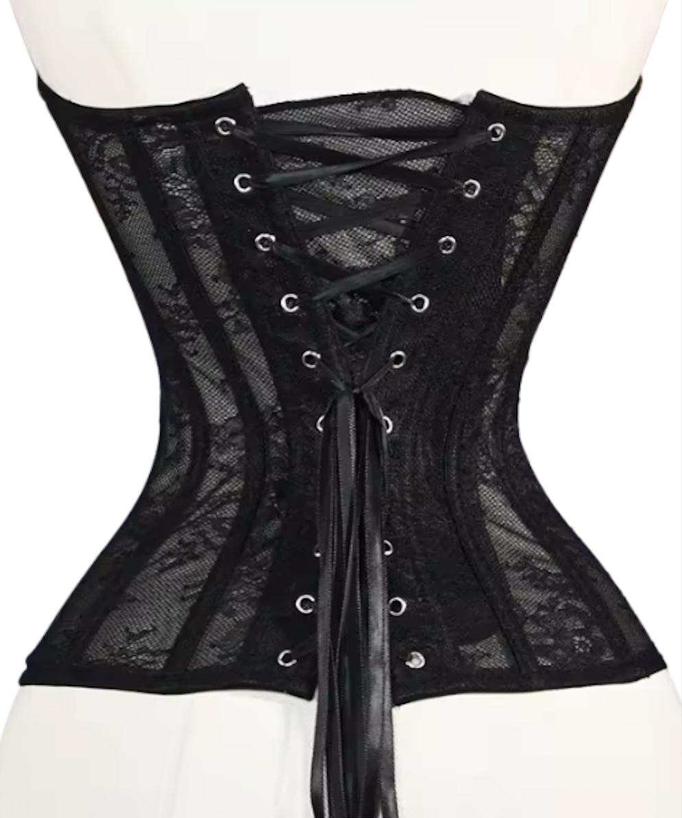 Black mesh corset bustier featuring steel-boned construction, lace detailing, and a classic ribbon lace-up back closure.
