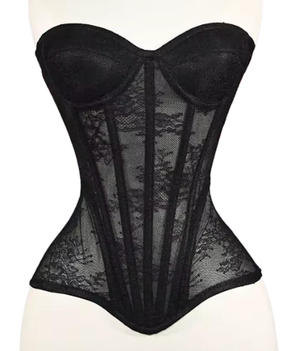 Gia black mesh corset bustier with steel-boned construction, sweetheart neckline, and intricate lace detailing.