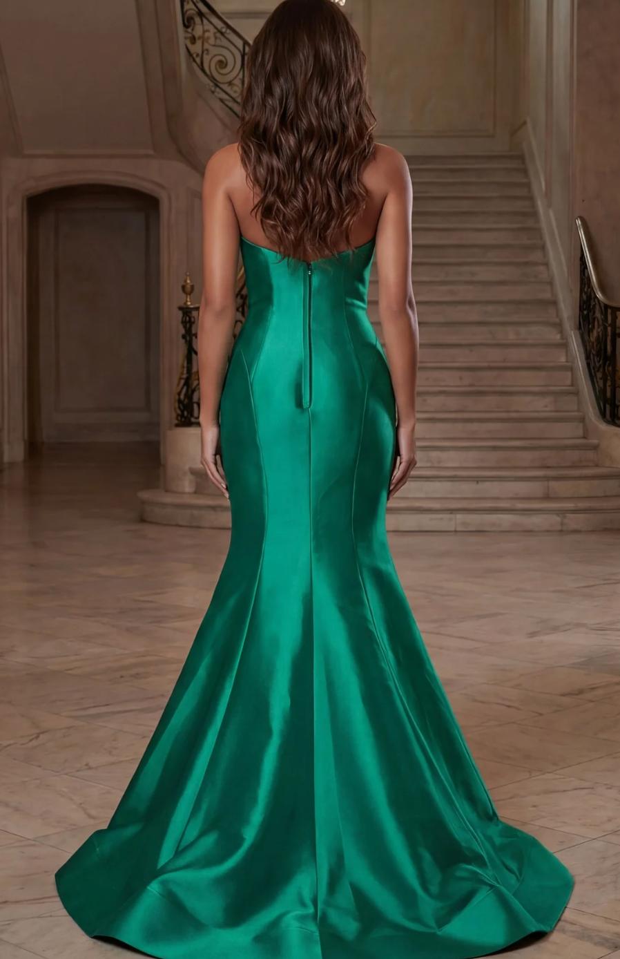 Back view of a strapless emerald green trumpet gown with a floor-length skirt and elegant train.