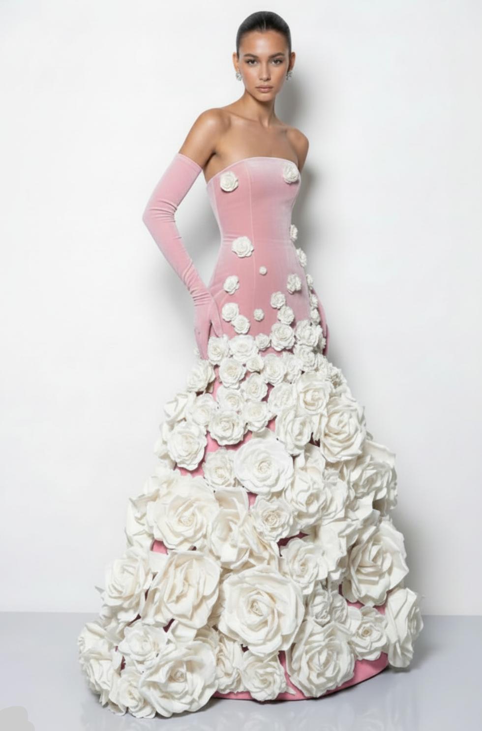 Strapless pink velvet evening gown with 3D white floral embellishments and matching opera-length gloves.
